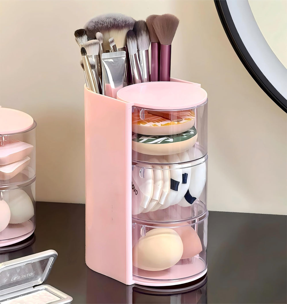 Azurphoric rotating organizer highlights multi-function storage for brushes, puffs, and jewelry within a tidy frame