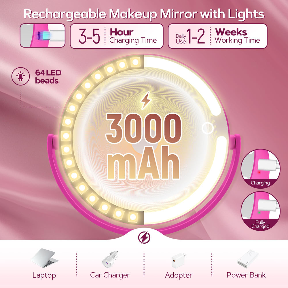 360 degree rotatable mirror switches angles for easier viewing and makeup access