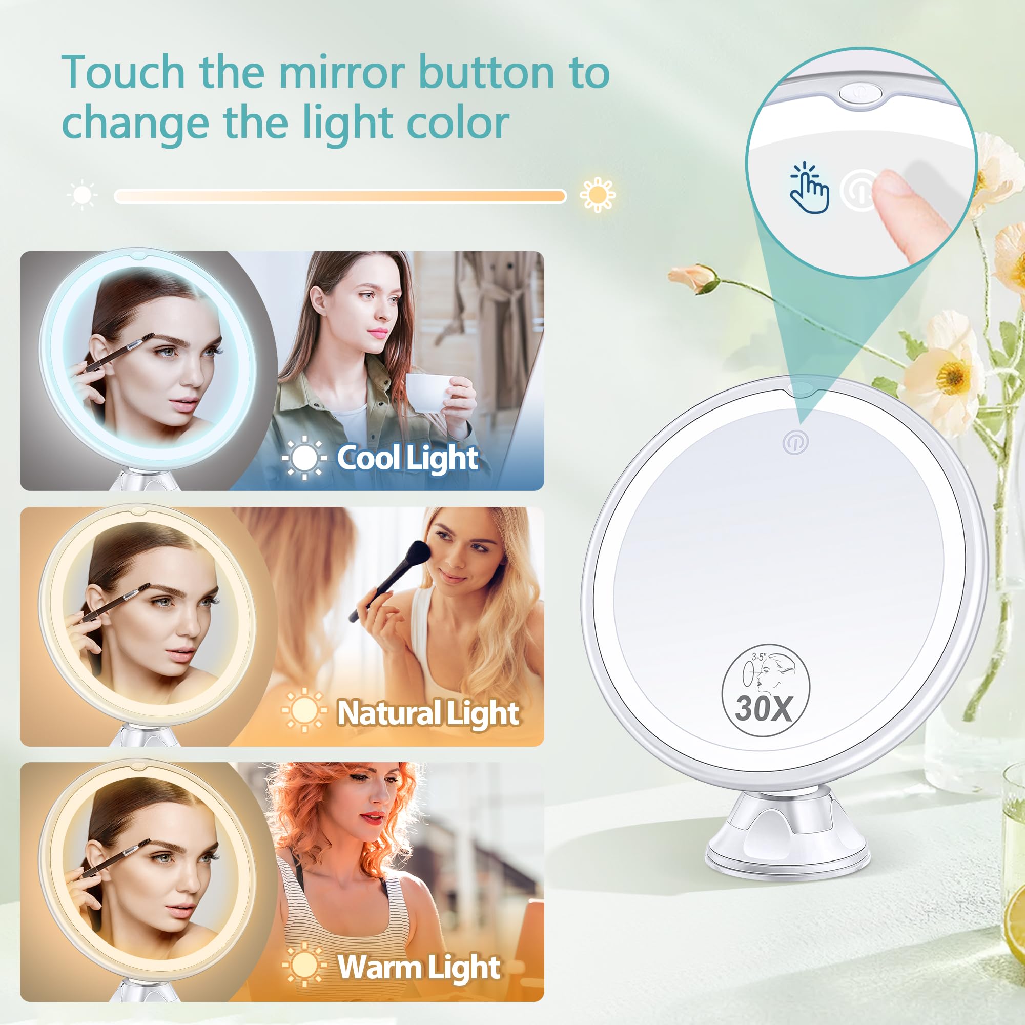 B Beauty Planet lighted mirror in use with adjustable brightness and rotation