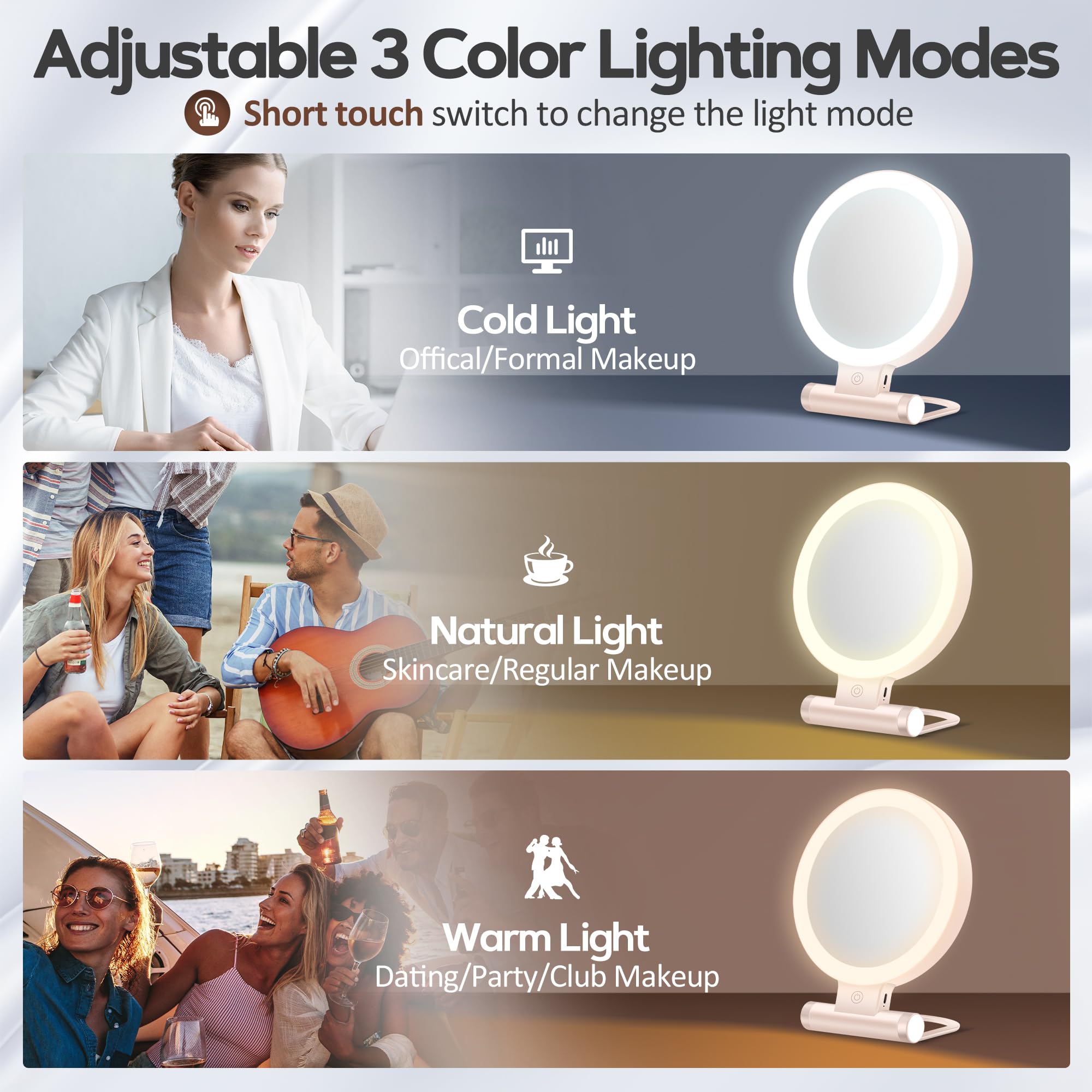 B Beauty Planet light-adjustable mirror shows brightness control for accurate makeup application.