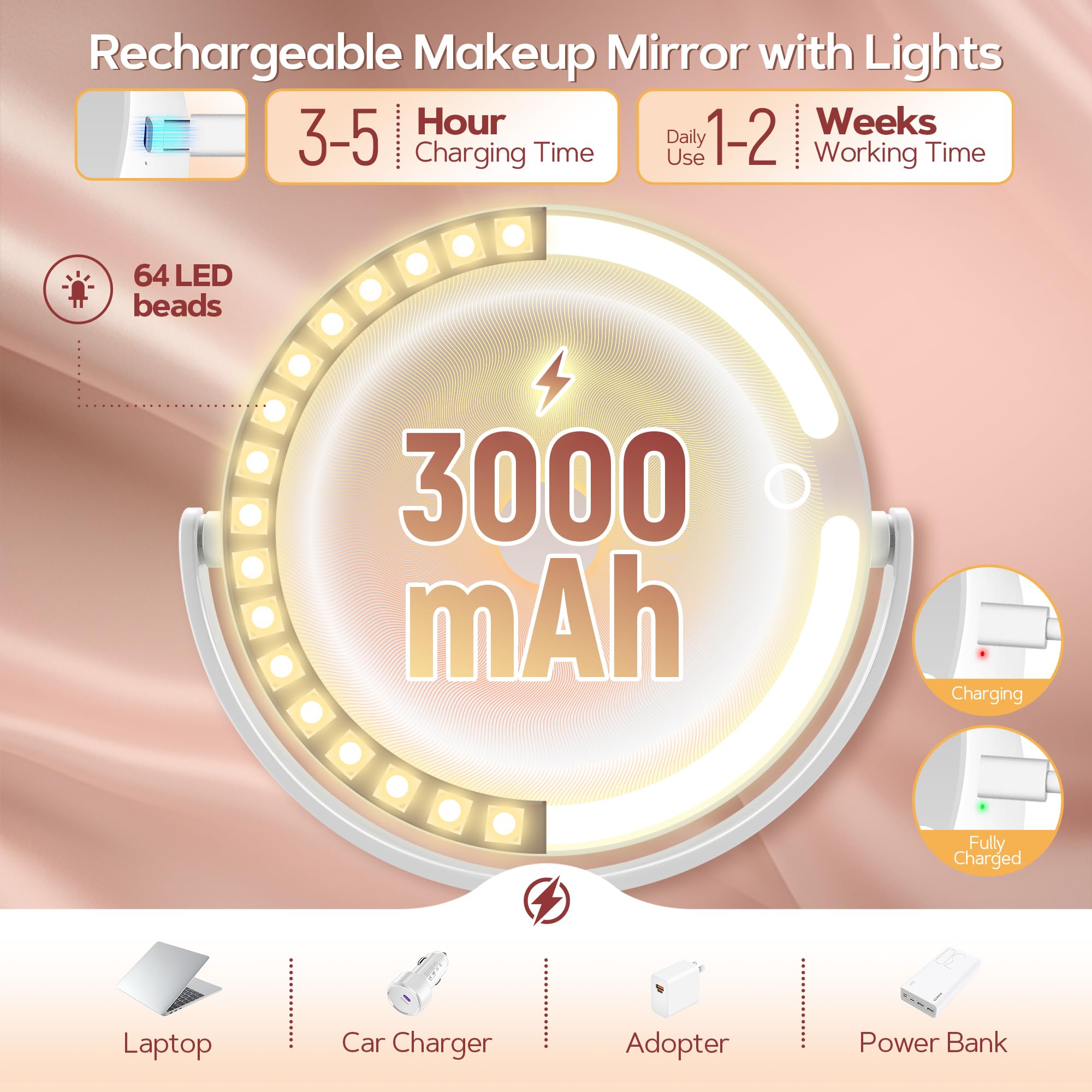 B Beauty Planet mirror with lights height-adjustable stand for different viewing heights.
