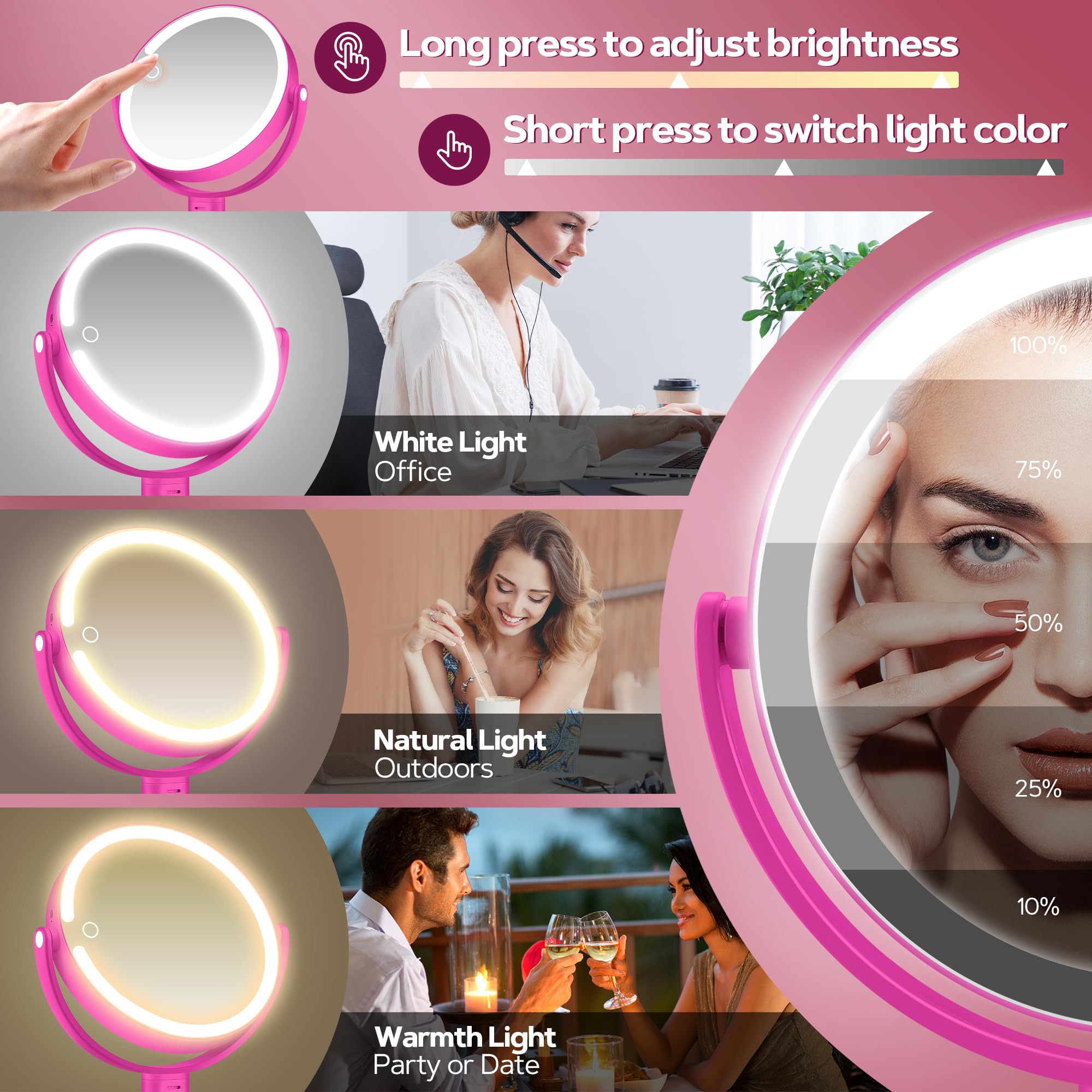 Three lighting modes help natural daytime makeup and evening skincare