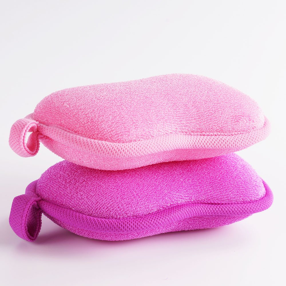 BabaMate-lathers-easily pink-violet sponge image shows quick lather with baby wash.