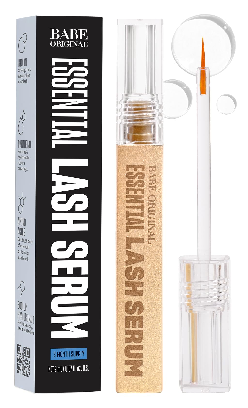 BABE ORIGINAL Babe Lash Serum bottle closeup showing fuller lashes potential.