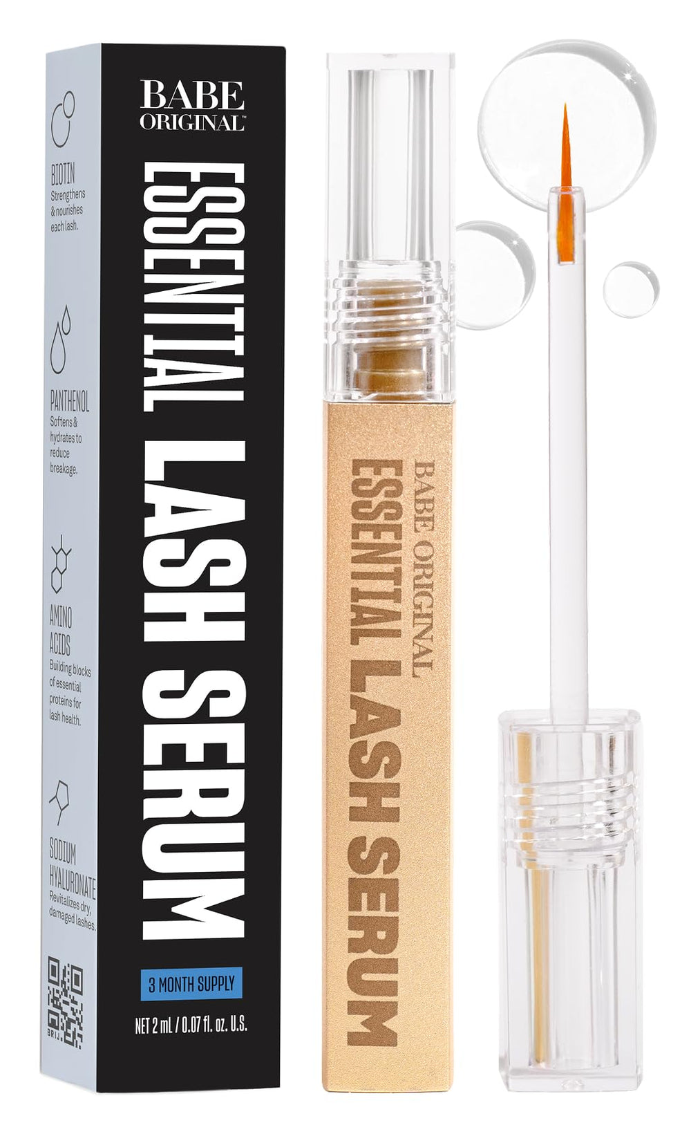 BABE ORIGINAL Babe Lash Serum bottle closeup showing fuller lashes potential.