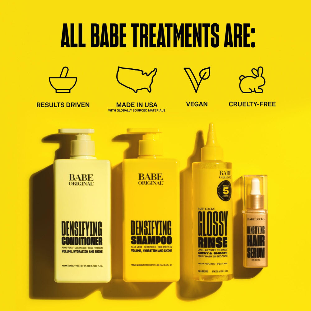 Babe Original Glossy Rinse after-shampoo glow on lengths suggests lightweight shine