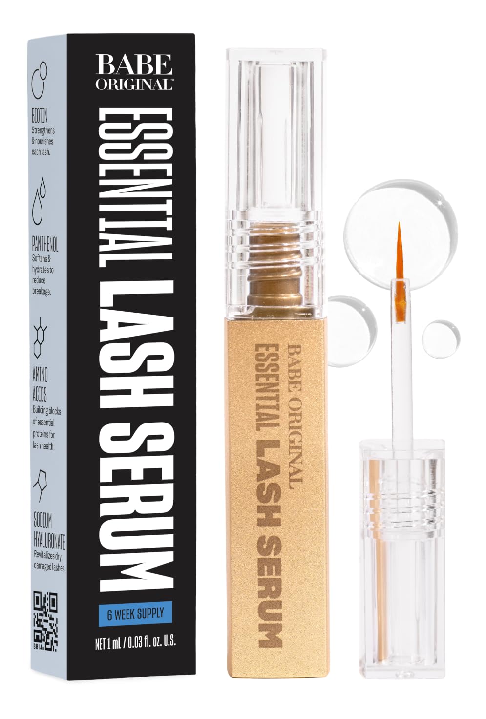 Babe Original Lash Serum bottle close-up shows vegan, cruelty-free formula for healthier-looking lashes