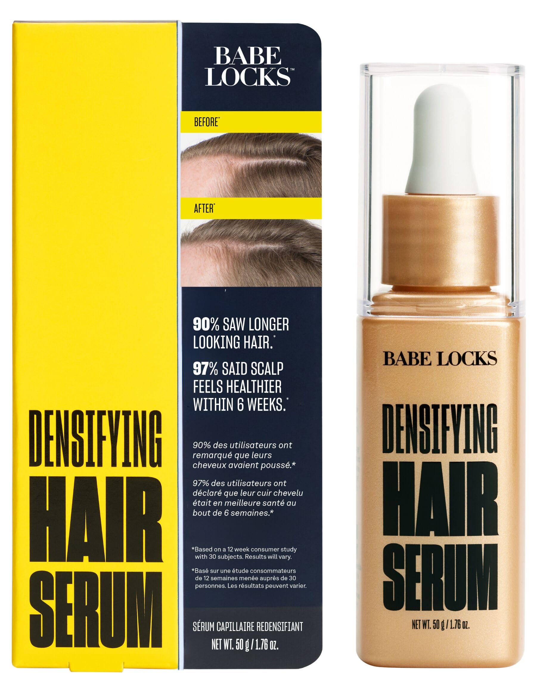 Babe Original Locks Densifying bottle closeup shows premium serum packaging for scalp nourishment.
