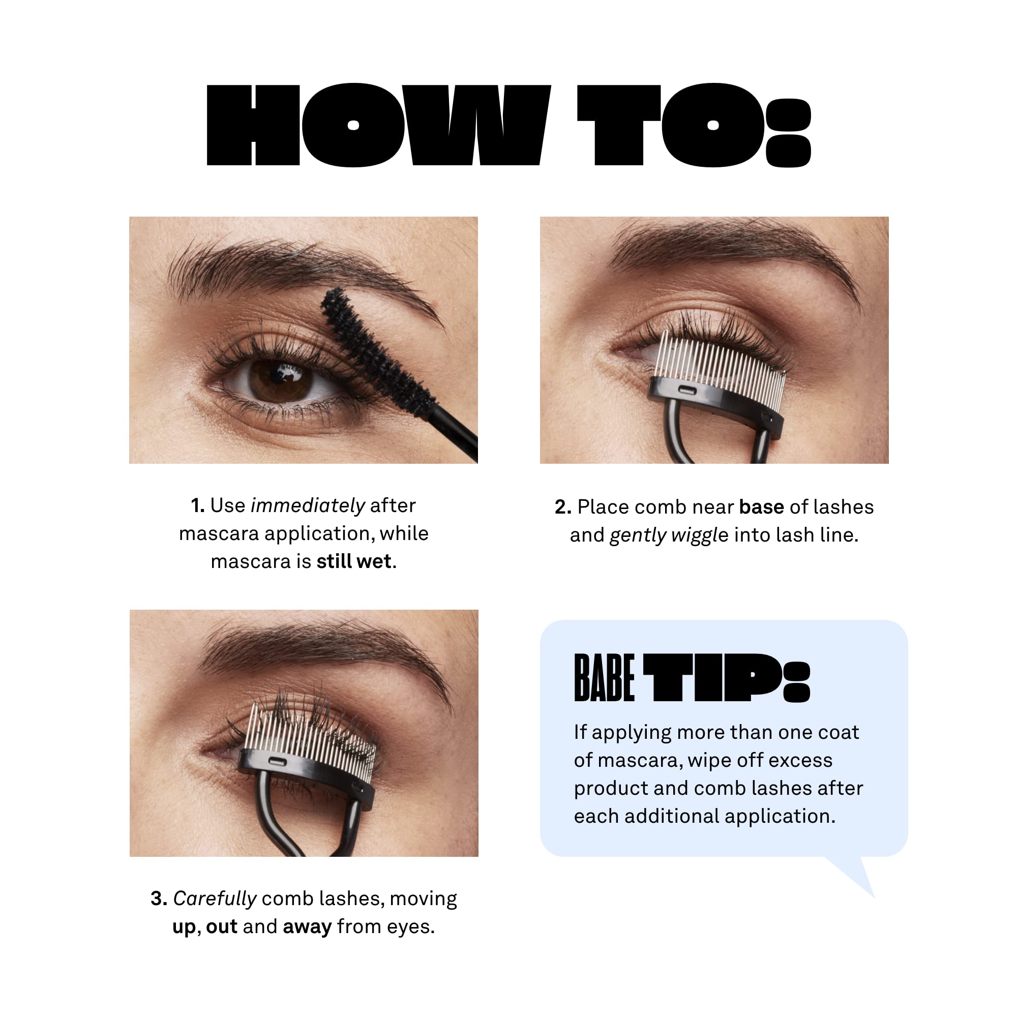 BABE ORIGINAL Pro Eyelash Separator use-after-mascara close-up showing clean separated lashes