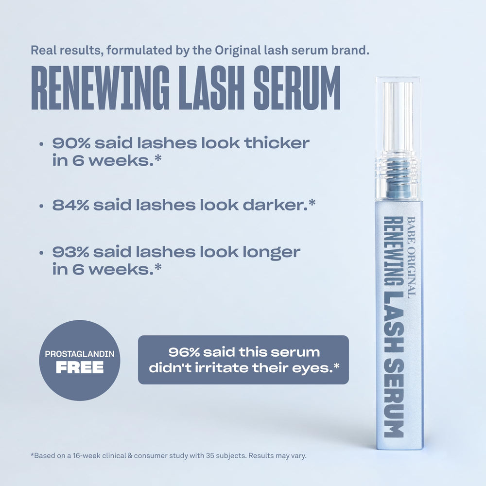 BABE ORIGINAL Renewing Lash Serum label detail highlights Pro-6 Peptide Complex