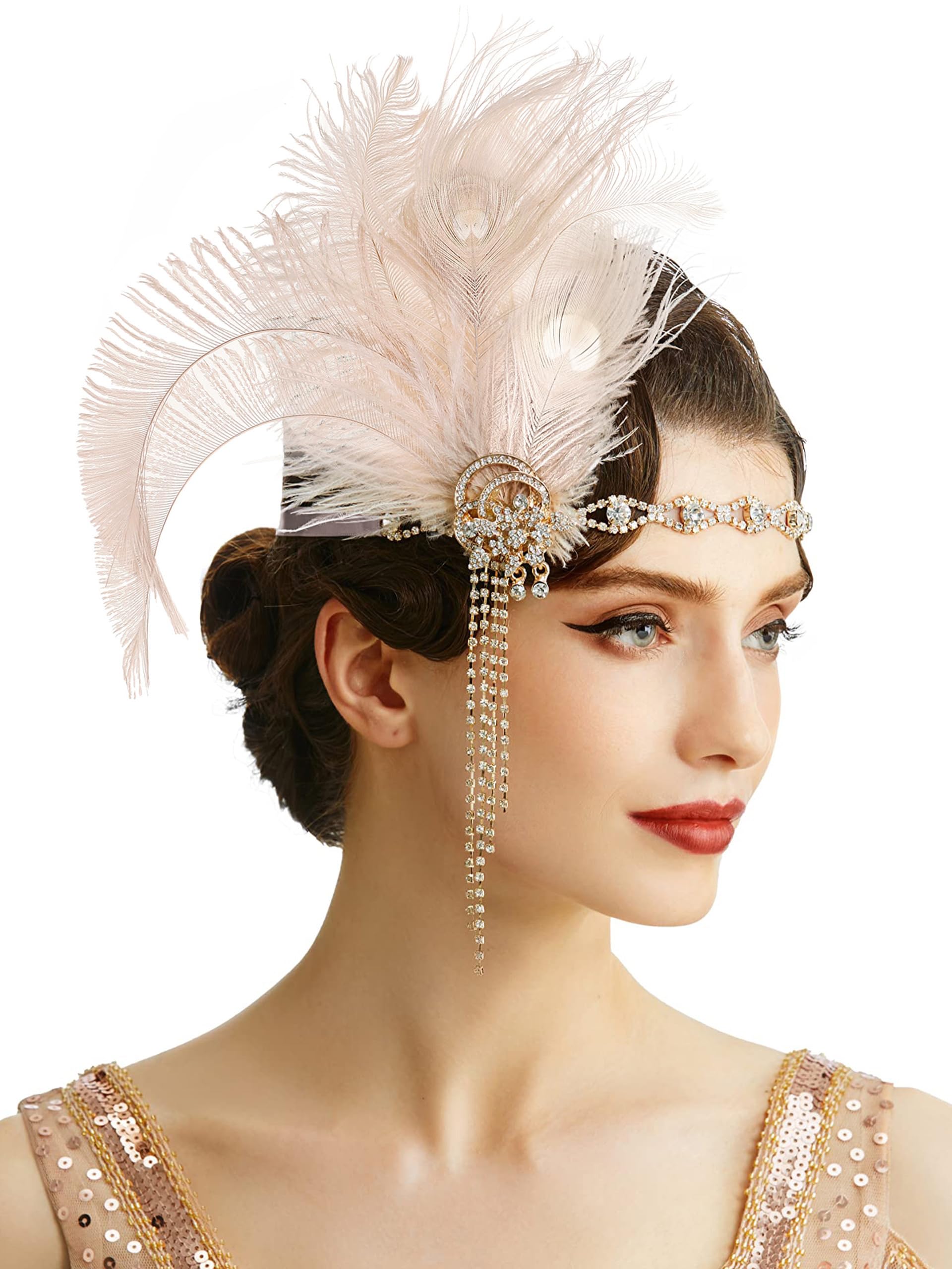BABEYOND 1920s flapper headpiece with feather and crystals, front view for Gatsby party looks