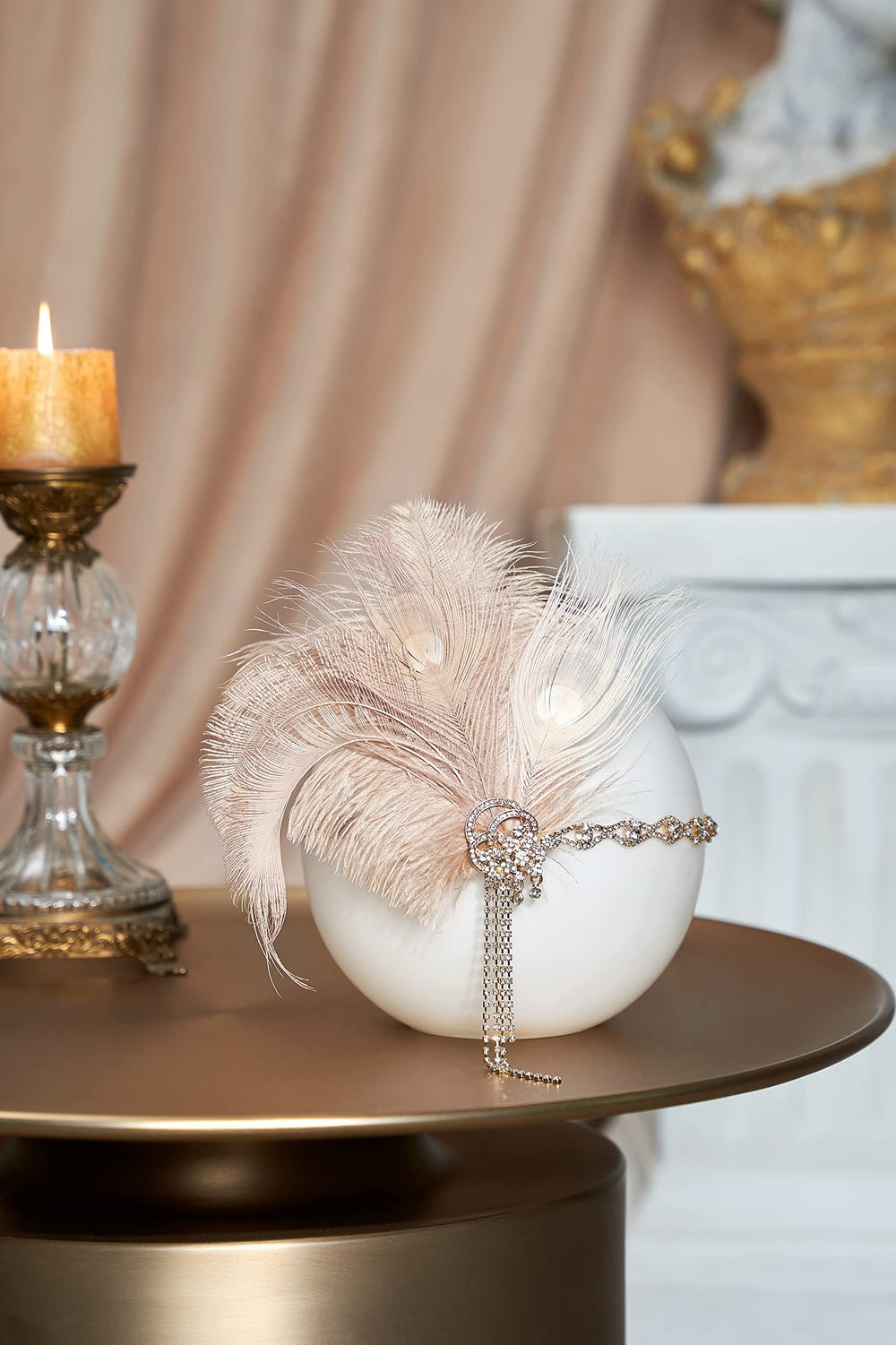 BABEYOND 1920s flapper headpiece with feathers and crystals, side view for styling inspiration