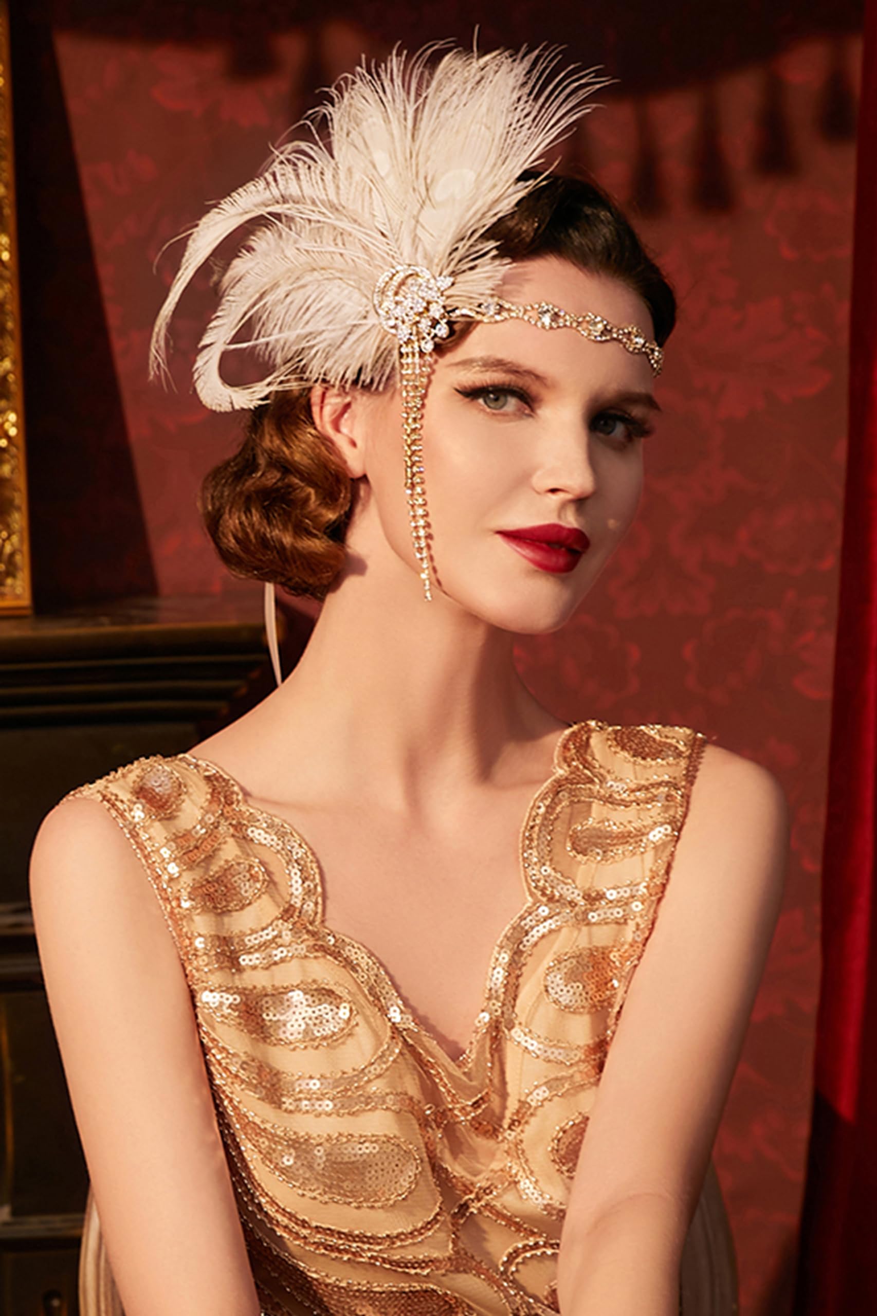 BABEYOND Gatsby headband with peacock feathers closeup showing noble elegance