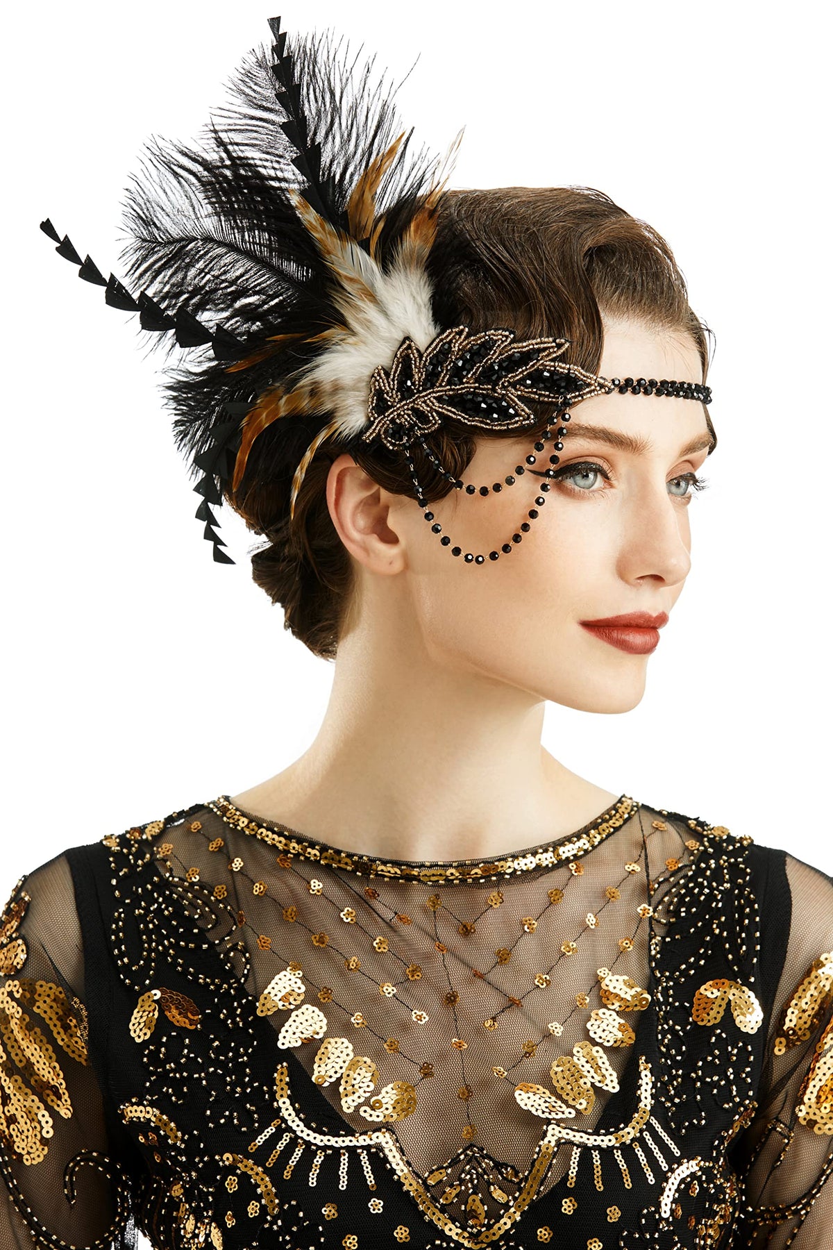 babeyond 1920s headpiece flapper band with black feathers for Gatsby-inspired party look