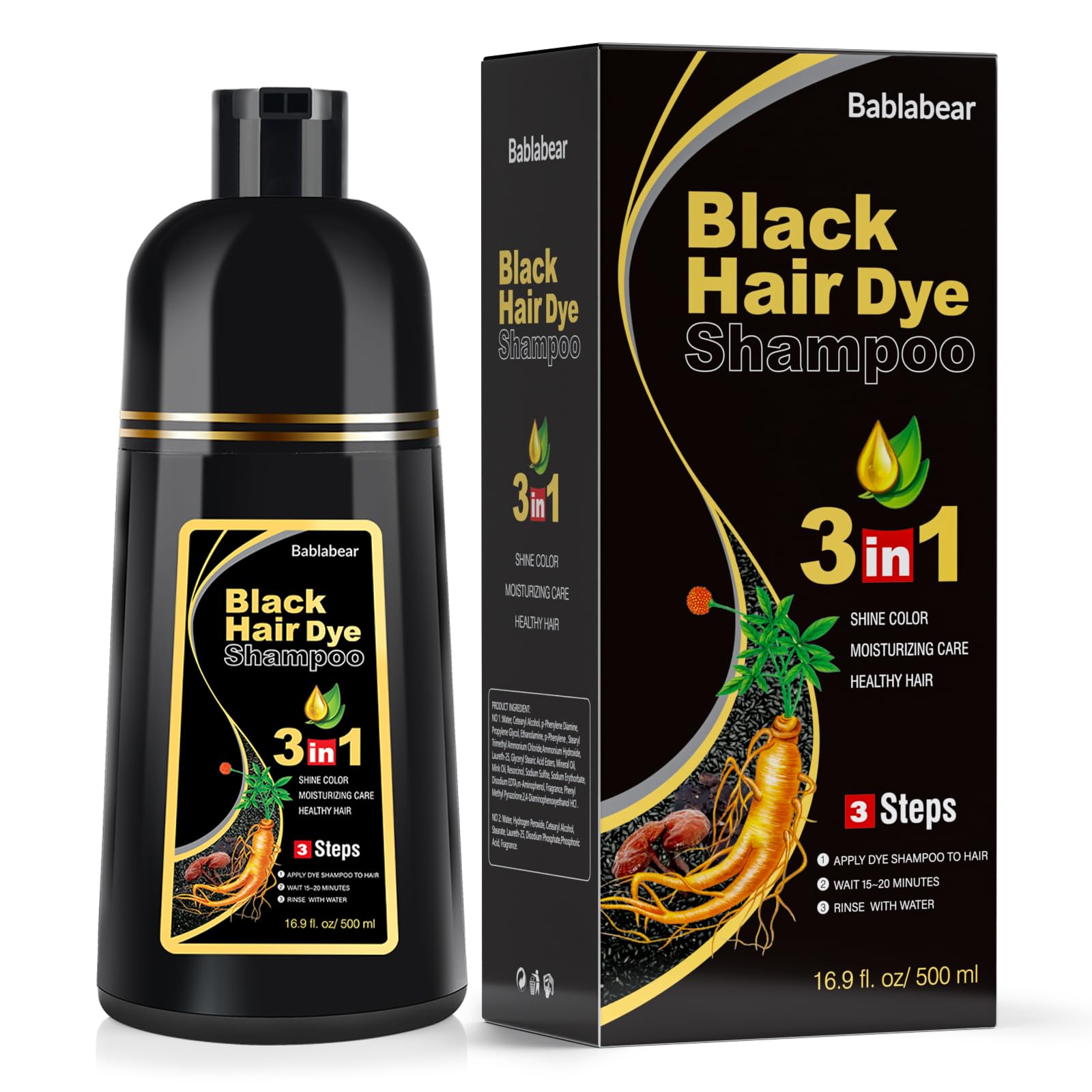 Bablabear black hair dye shampoo bottle demonstrates semi-permanent gray coverage.