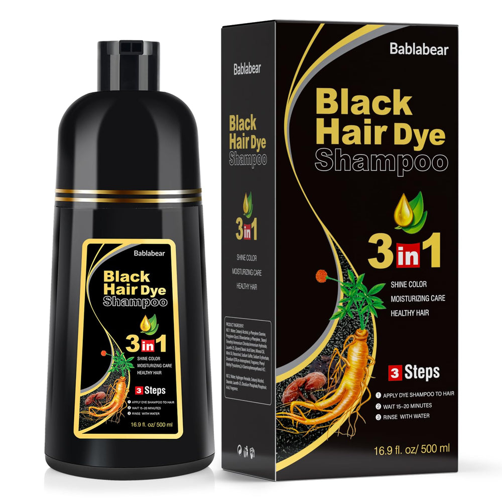 Bablabear black hair dye shampoo bottle demonstrates semi-permanent gray coverage.