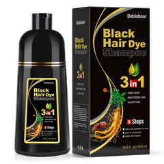 Bablabear black hair dye shampoo bottle demonstrates semi-permanent gray coverage.