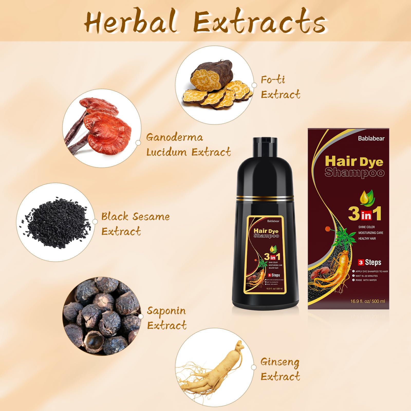 Bablabear brown hair dye shampoo shows 15-20 minute processing for quick results.