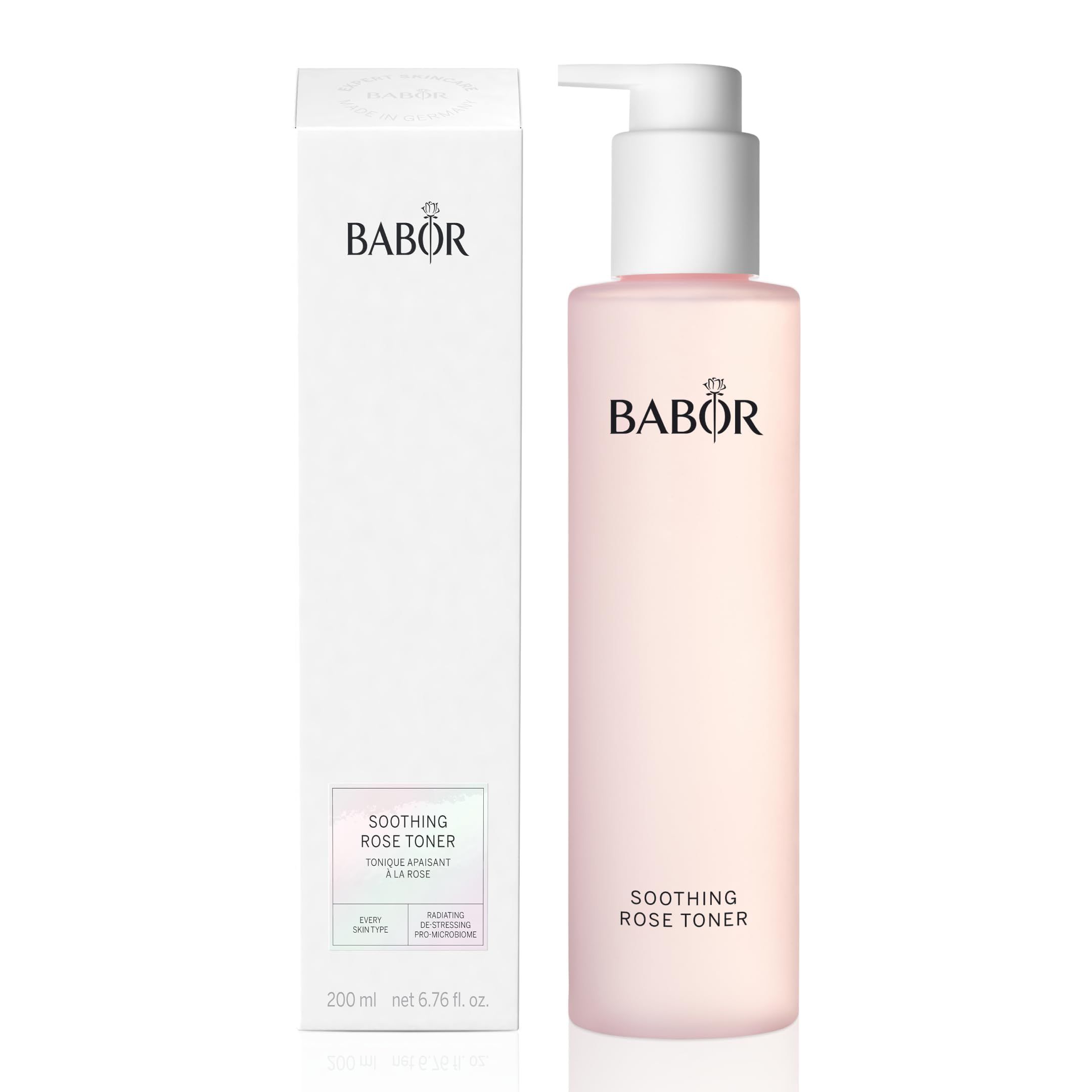 BABOR Soothing Rose Toner bottle closeup highlights calming skincare benefits.