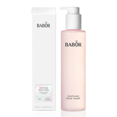 BABOR Soothing Rose Toner bottle closeup highlights calming skincare benefits.