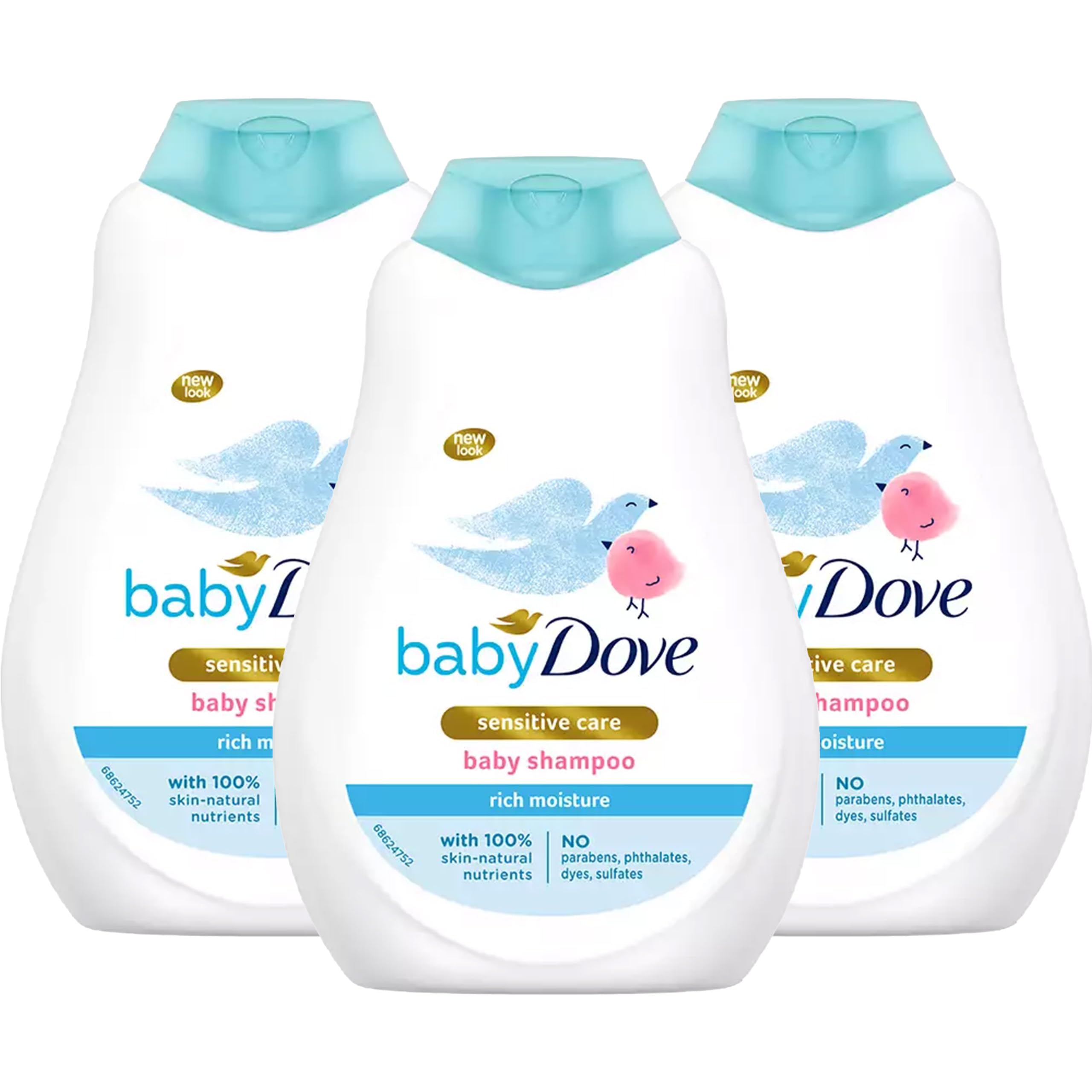 Baby Dove Rich Moisture Shampoo 3-pack bottles, tear-free formula for gentle daily care.