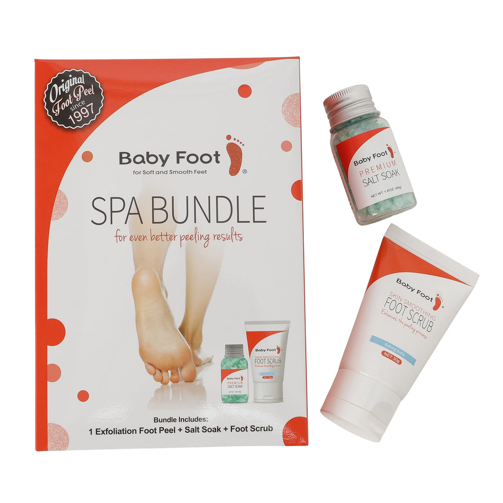 Baby Foot Original Exfoliation Foot Peel shown in disposable booties.