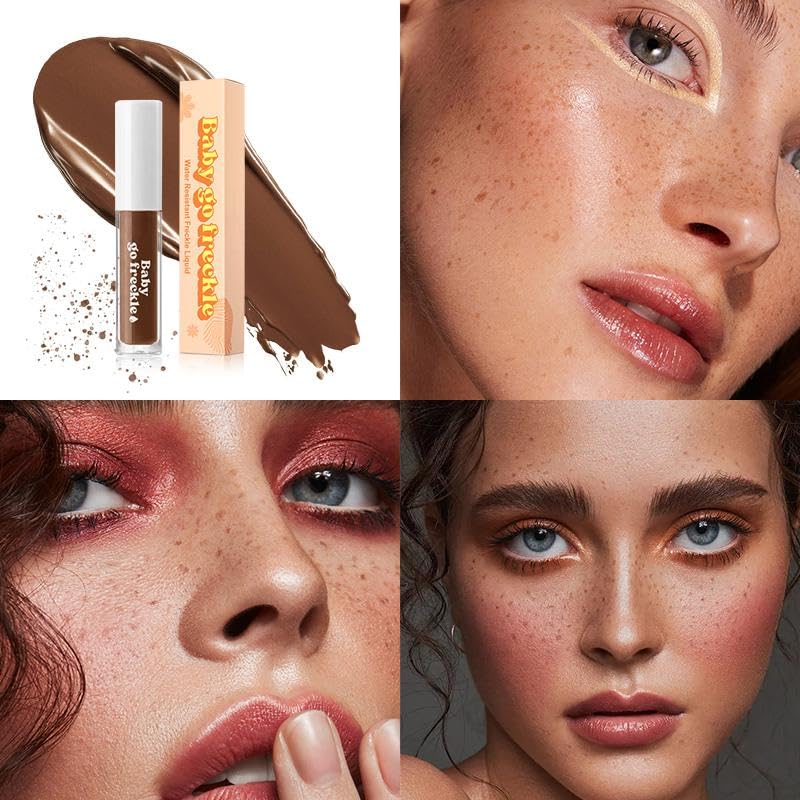 Baby Go freckle liquid look on cheeks and nose for sun-kissed vibe.