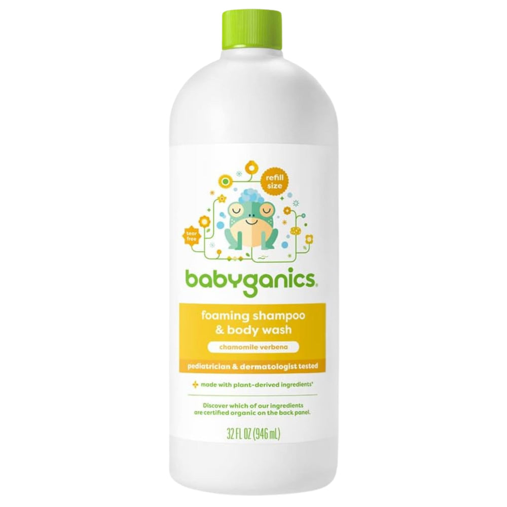 BabyGanics shampoo and body wash refill bottle with chamomile-verbena, gentle head-to-toe cleansing