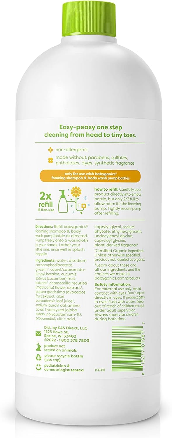 BabyGanics refill bottle showing thick foam for easy, quick bath time