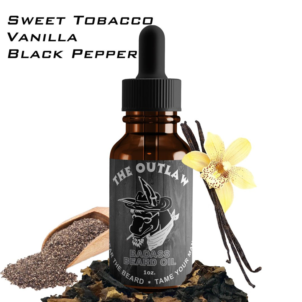 Badass Beard Care The Outlaw oil drops capture tobacco-vanilla aroma for grooming ritual.