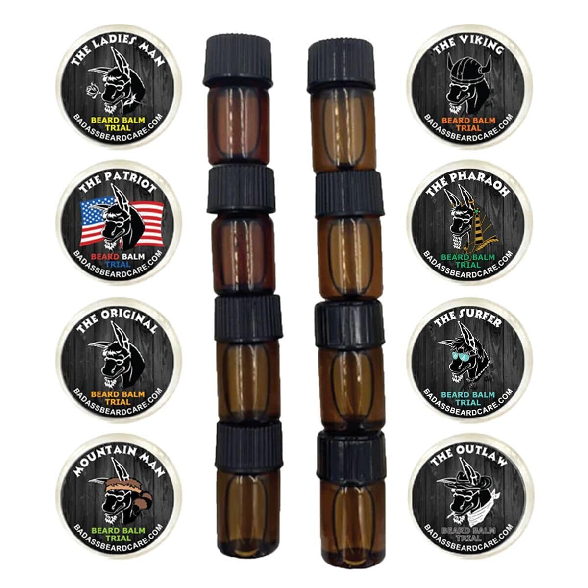Badass Beard Care Trial Kit with eight travel-sized balm and oil for on-the-go grooming.