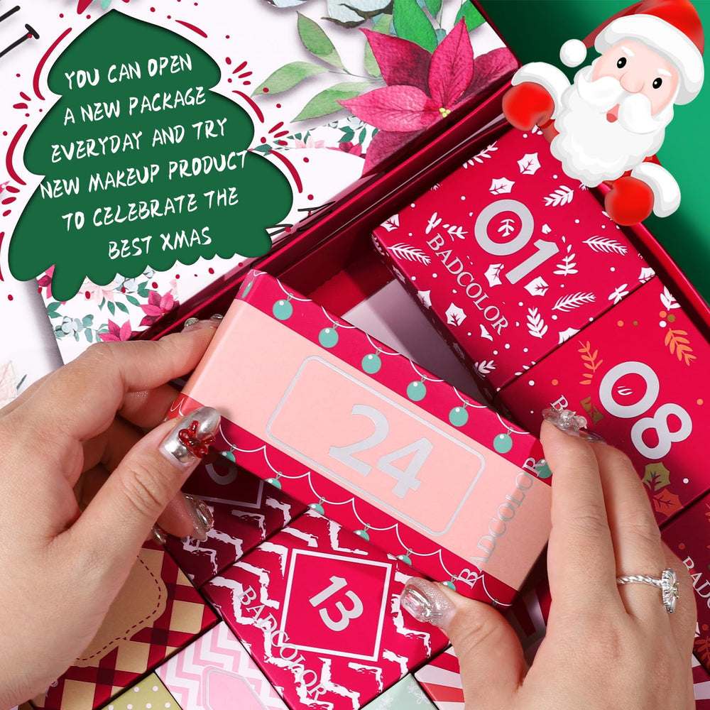 Badcolor advent calendar Christmas design appealing on shelf and under the tree