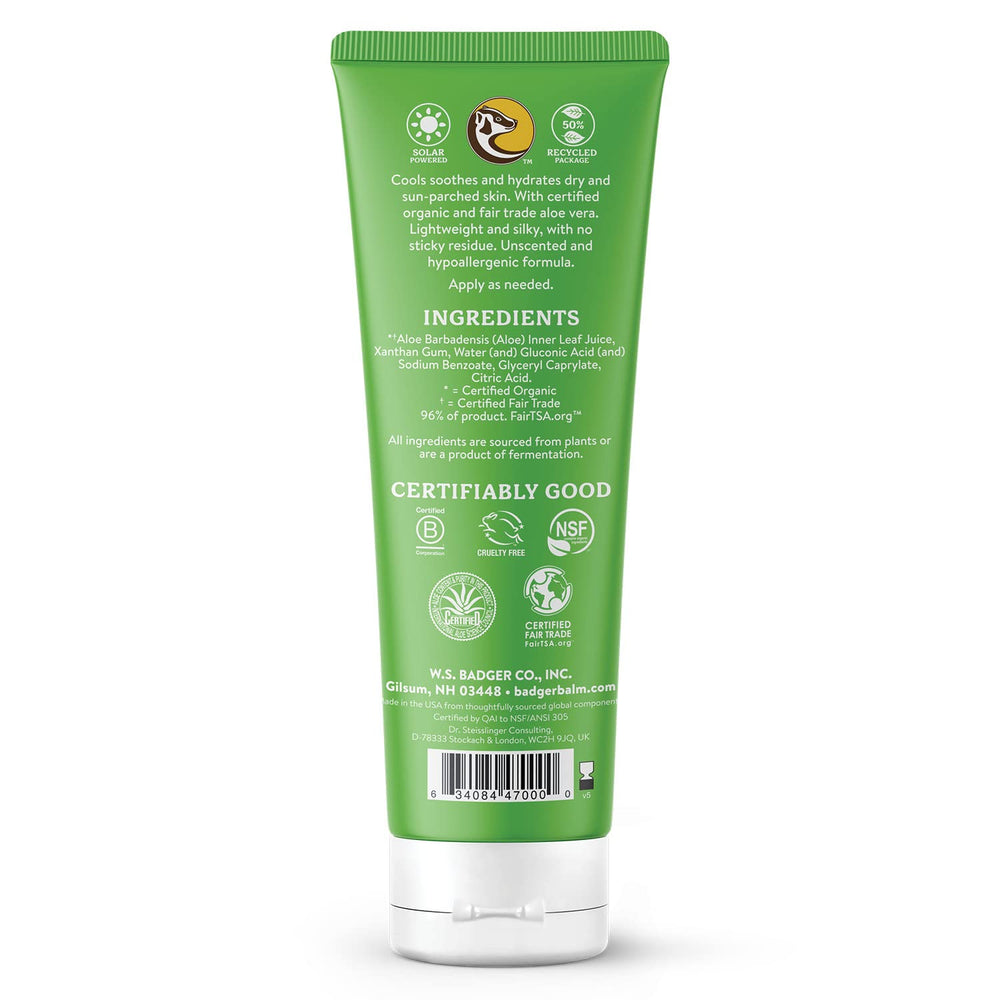 Badger Aloe Vera Gel closeup demonstrates lightweight non-sticky absorption.