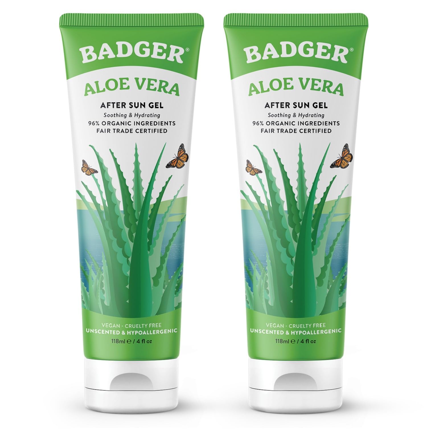 Badger Aloe Vera Gel Unscented label highlights 96% organic gel for cooling relief.