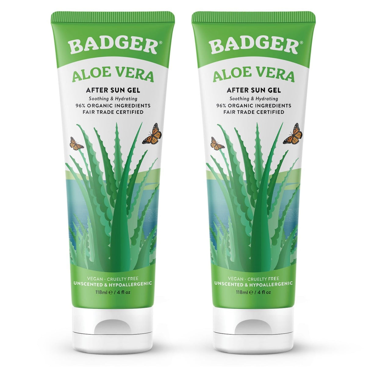 Badger Aloe Vera Gel Unscented label highlights 96% organic gel for cooling relief.