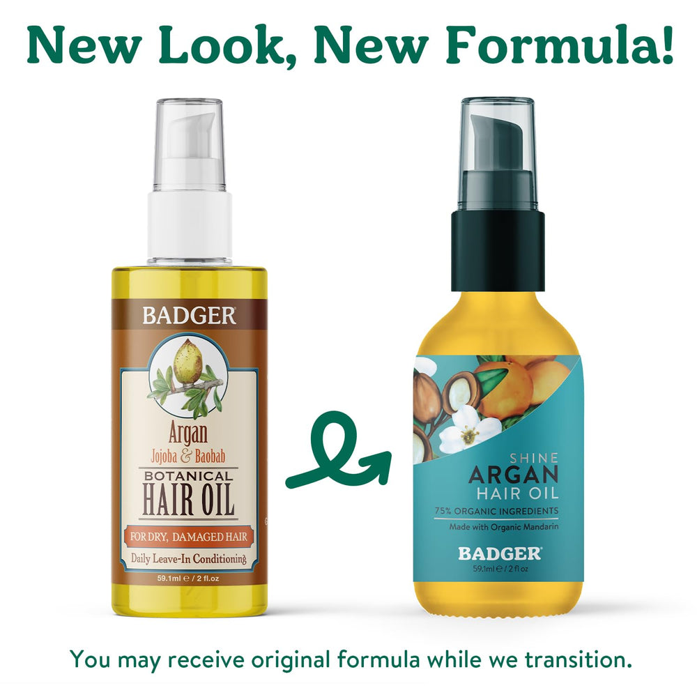 Badger Argan Hair Oil bergamot and sandalwood scent adds subtle, soothing fragrance.