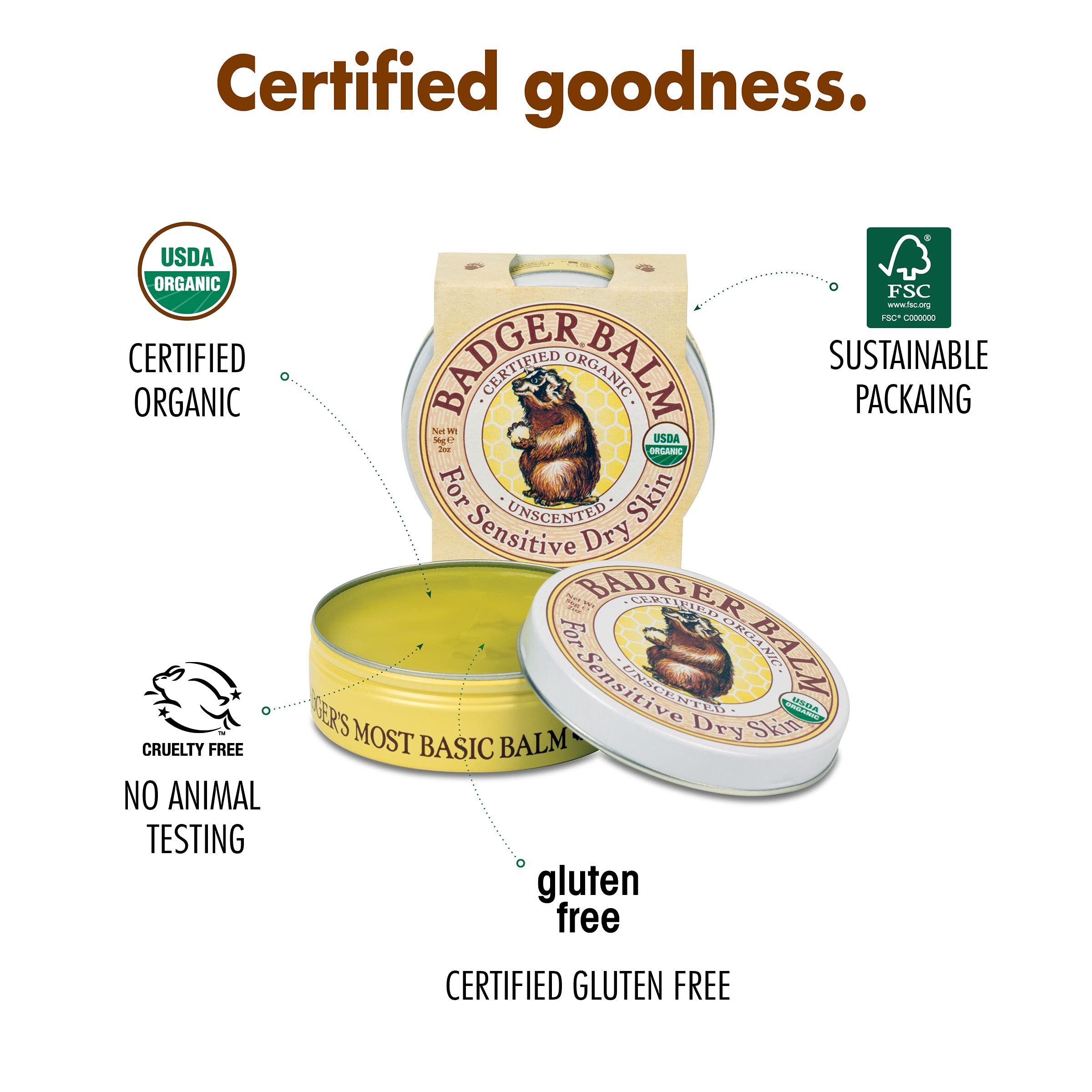Badger Balm Unscented cruelty-free logo signaling ethical plant-based care