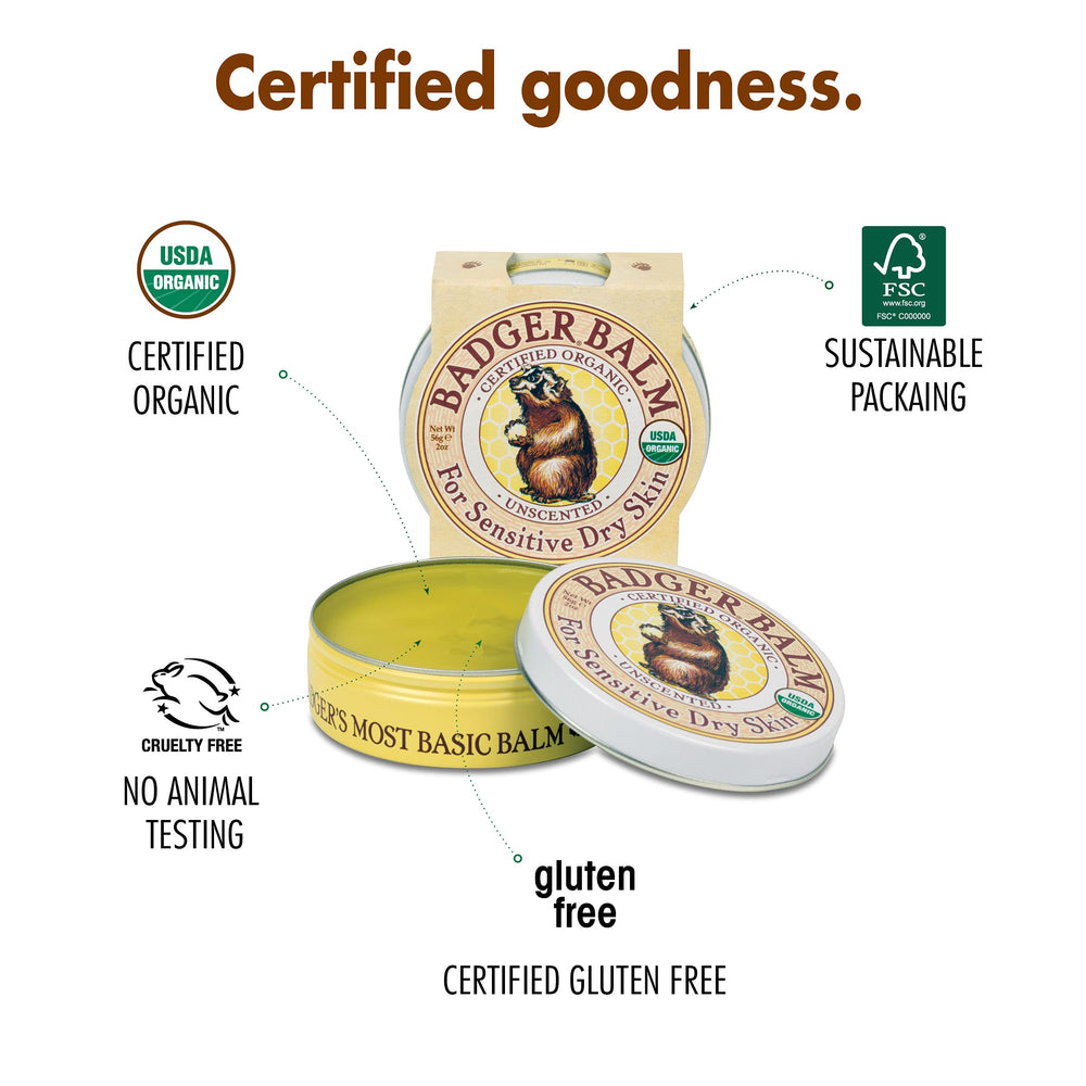 Badger Balm Unscented cruelty-free logo signaling ethical plant-based care