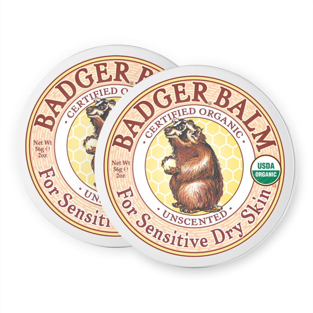Badger Balm Unscented olive oil tin showing pure ingredients for daily dry skin relief