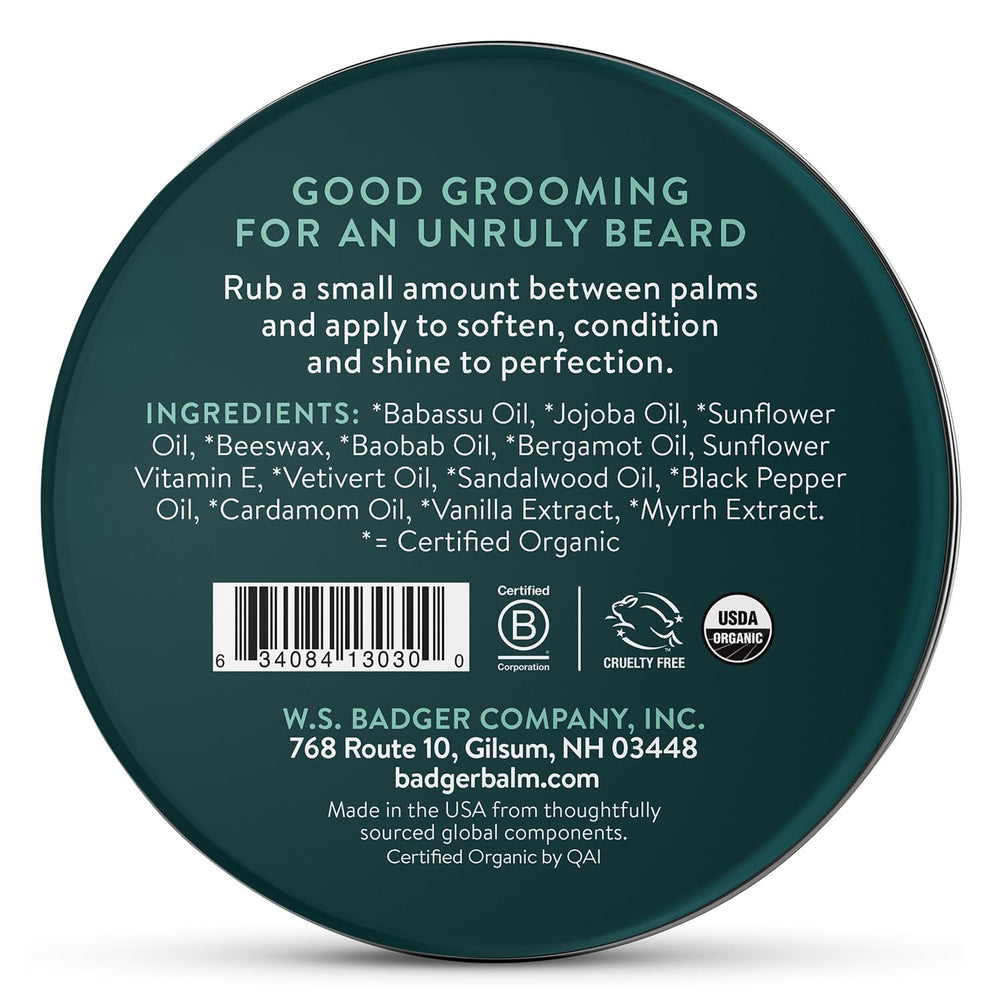 Badger beard balm application in hands showing easy grooming.