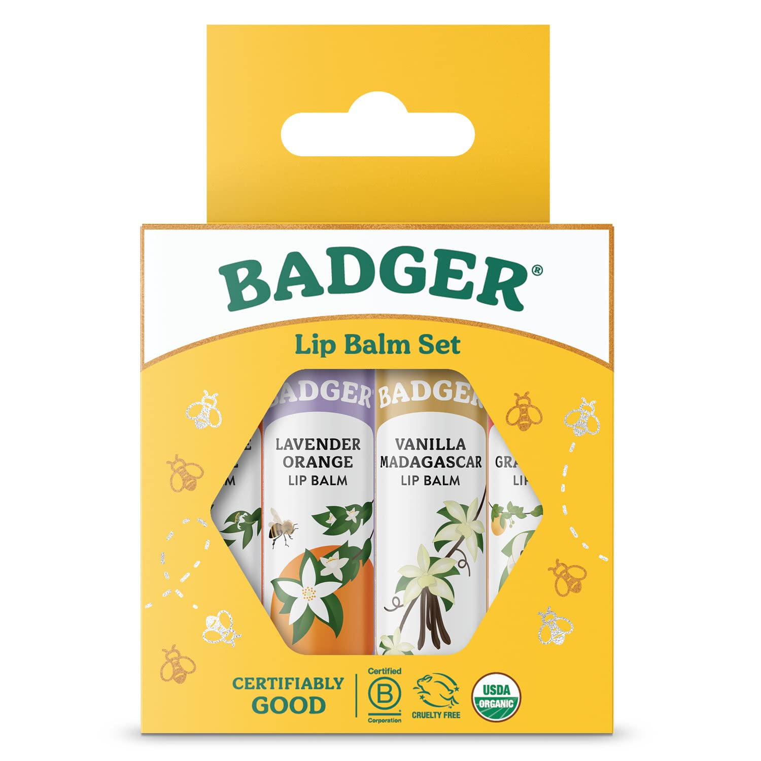 Badger Classic Lip Balm Set Tangerine Breeze tube—hydrating lip nourishment with zesty citrus scent.