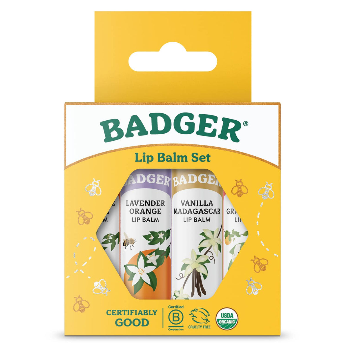 Badger Classic Lip Balm Set Tangerine Breeze tube—hydrating lip nourishment with zesty citrus scent.