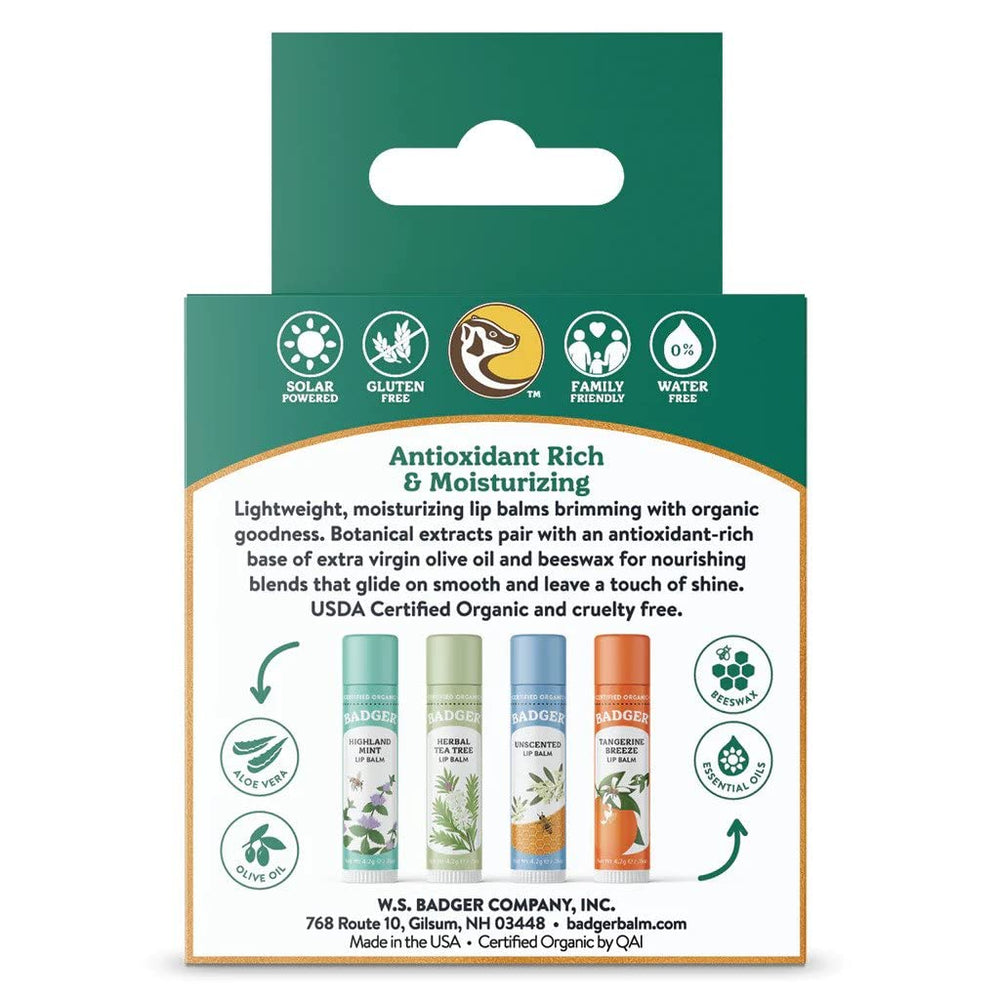 Badger Classic Lip Balm Set variety tubes closeup showing silky, non-waxy texture.