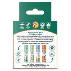 Badger Classic Lip Balm Set variety tubes closeup showing silky, non-waxy texture.