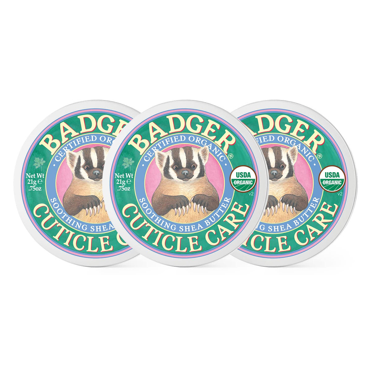Badger Cuticle Care tin front with rich balm for nourished nails and dry cuticle relief.