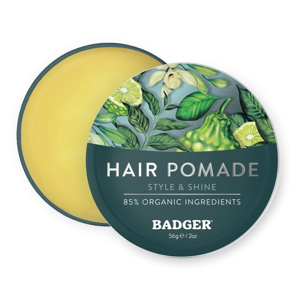 Badger Hair Pomade tin close-up shows natural finish and medium hold.