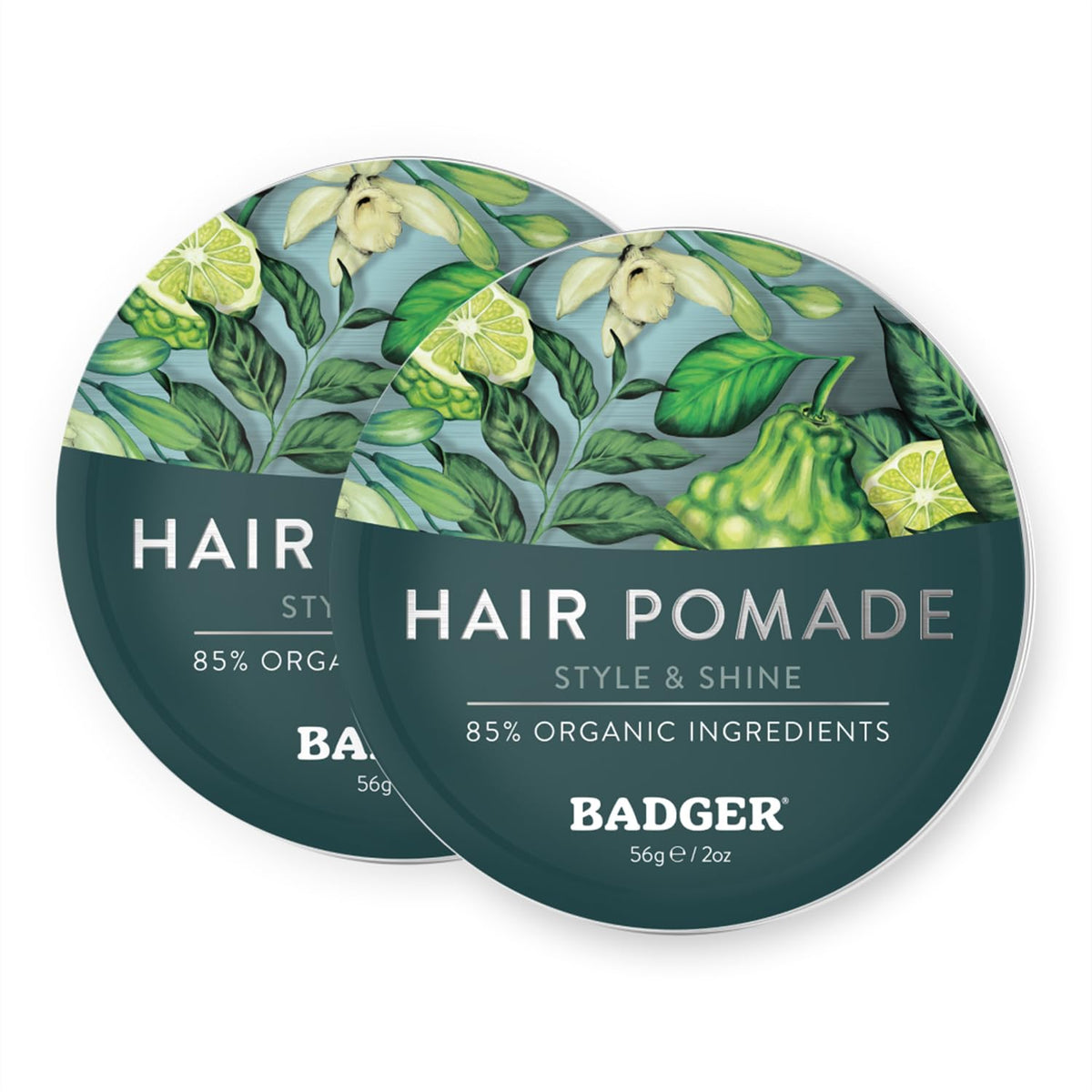 Badger Hair Pomade tin closeup highlighting medium hold and shine.