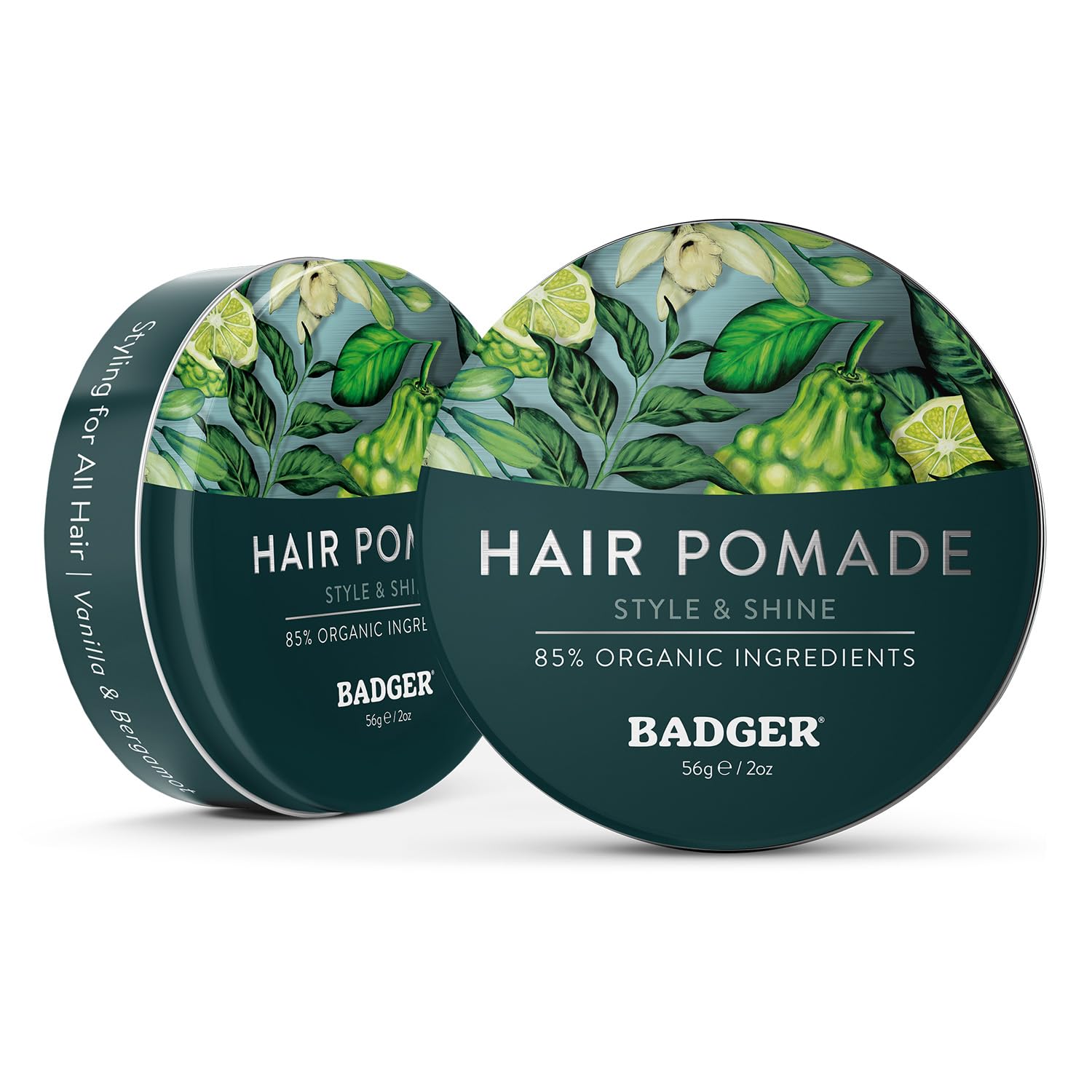Badger Hair Pomade tin full view with 2 oz size.