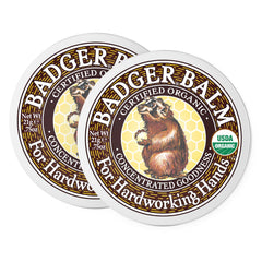 Badger Healing Balm tin front shows compact, portable moisture for dry hands.