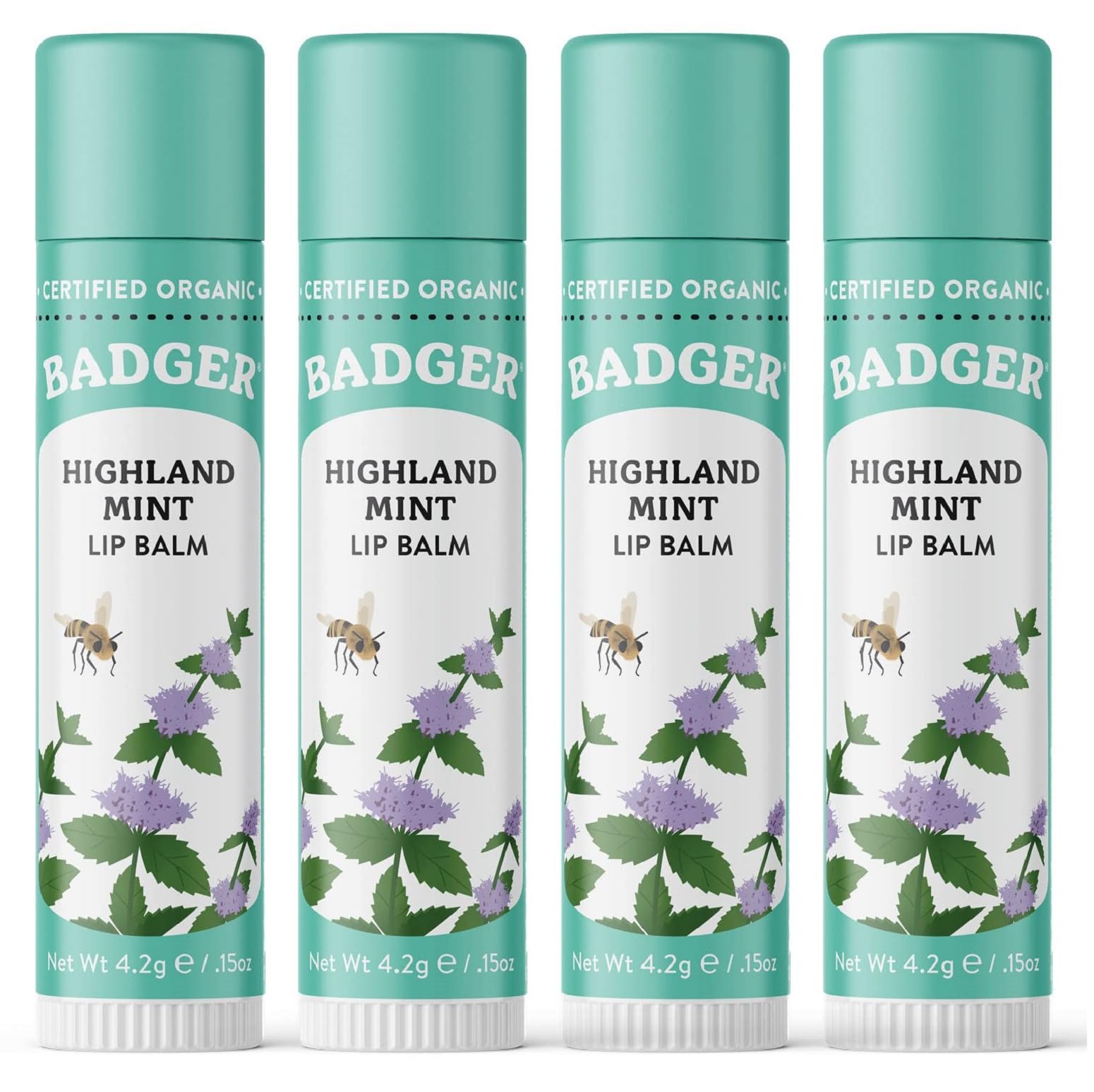 Badger Highland Mint lip balm tube closeup shows silky texture for daily moisture